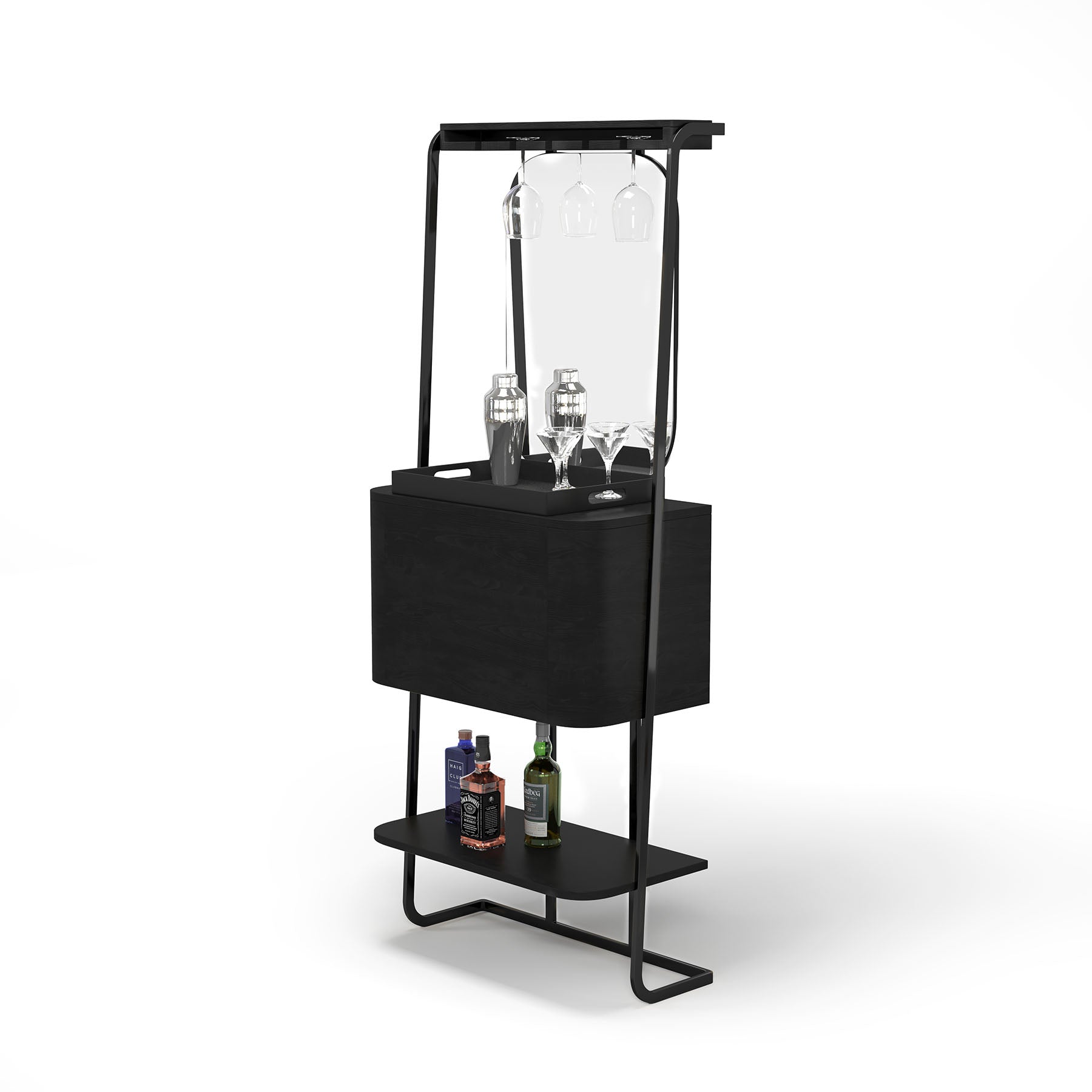 RAM Game Room Prohibition Mini Cocktail Bar - Black with shelves for glassware and liquor storage.