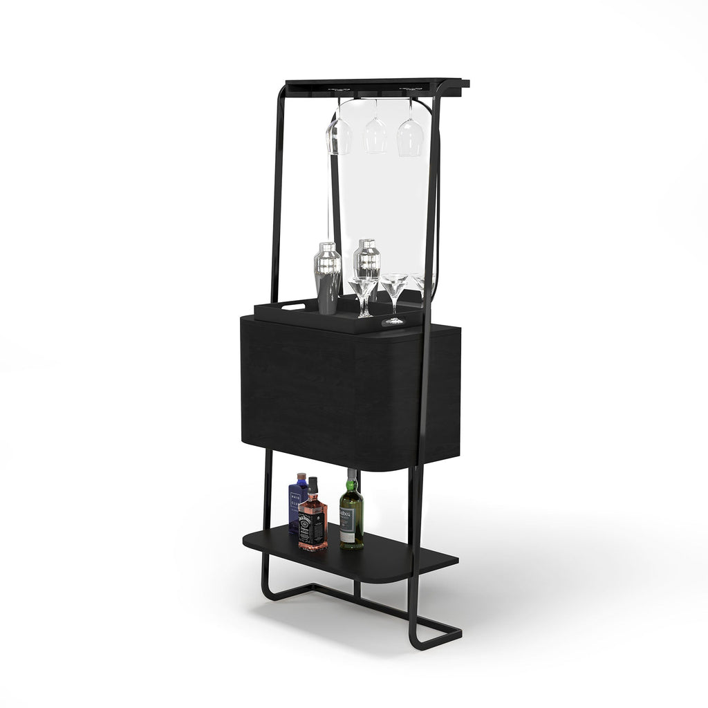 RAM Game Room Prohibition Mini Cocktail Bar - Black with shelves for glassware and liquor storage.
