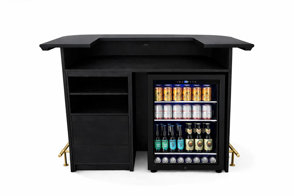 Black bar with a built-in cooler filled with drinks on a white background