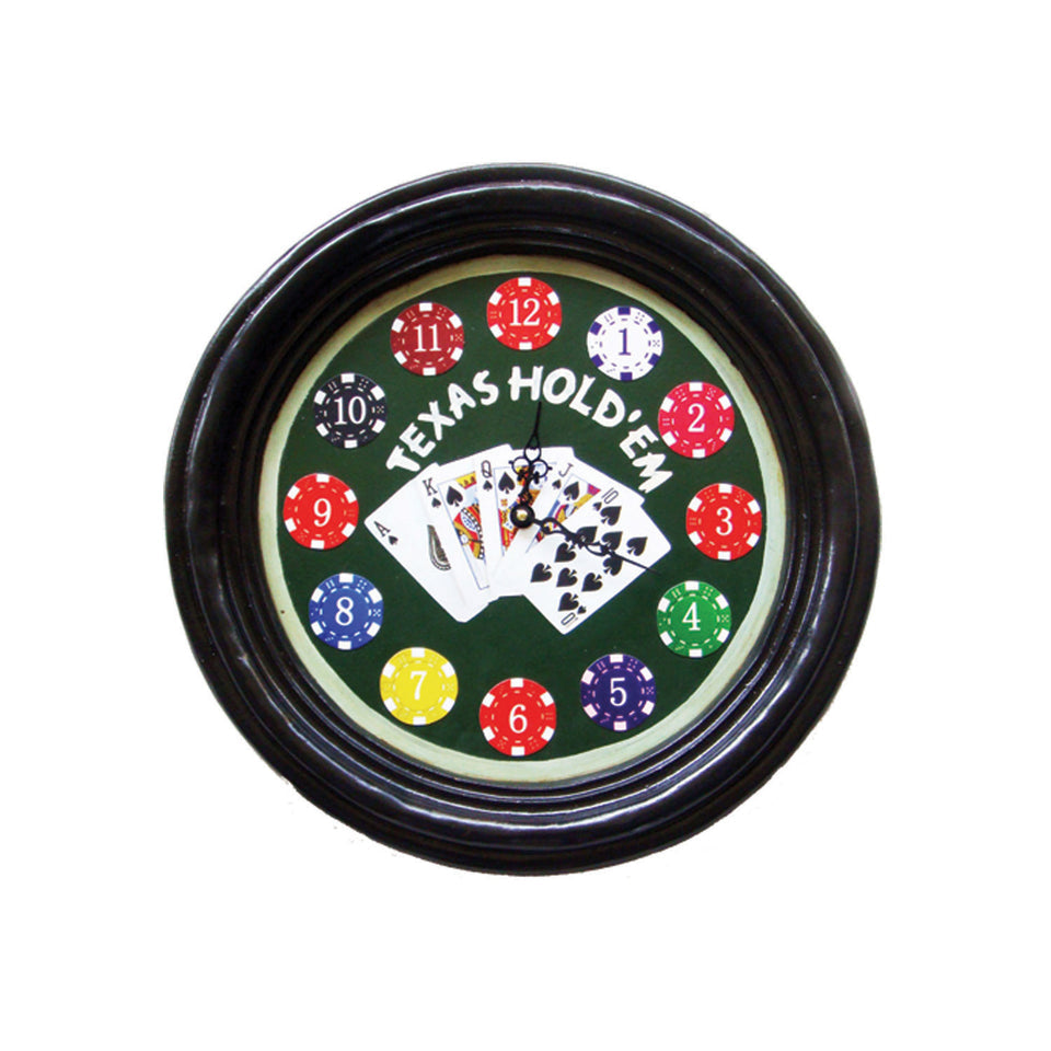 RAM Game Room “Texas Hold'em” Clock tracks game time in style with poker chip numbers.