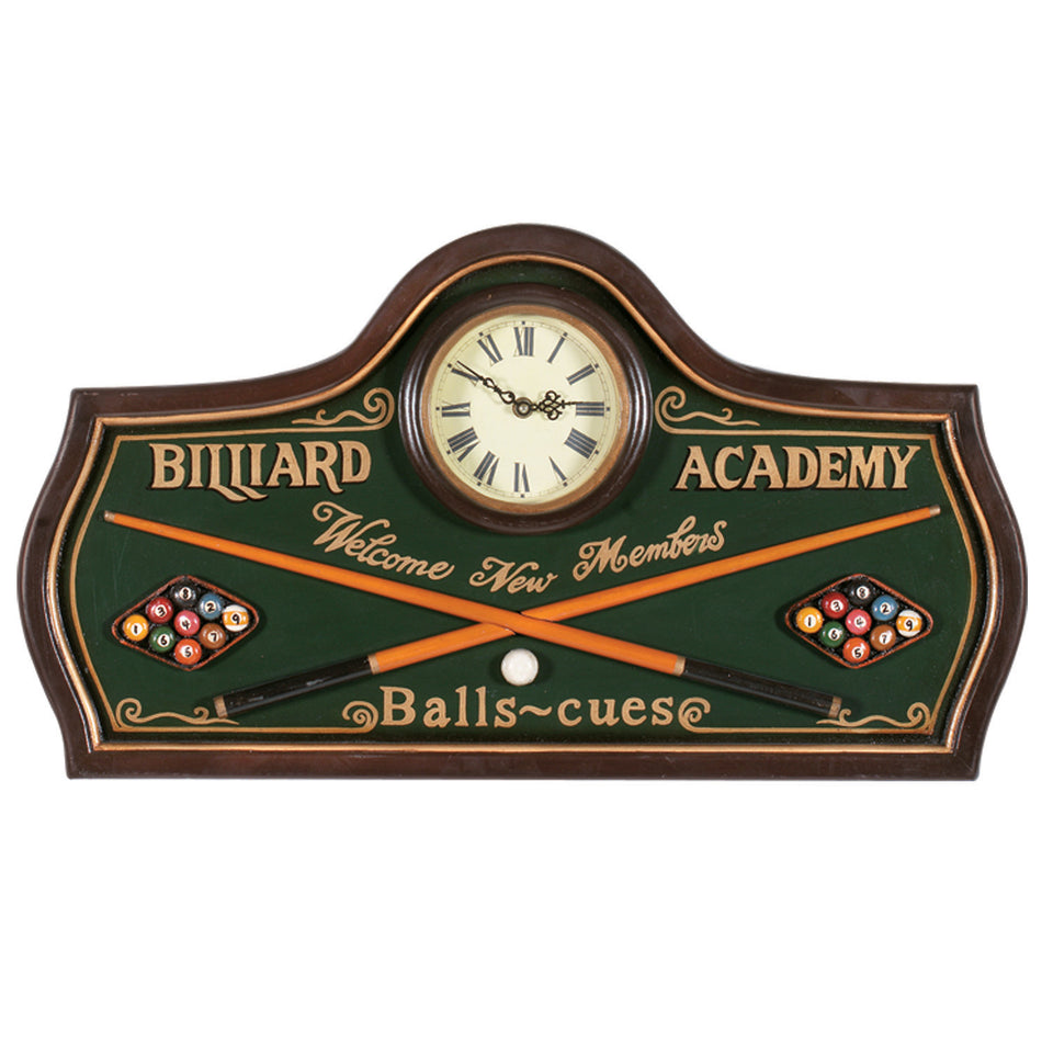 RAM Game Room "Billiard Academy" Clock—hand-painted, perfect for any game room.