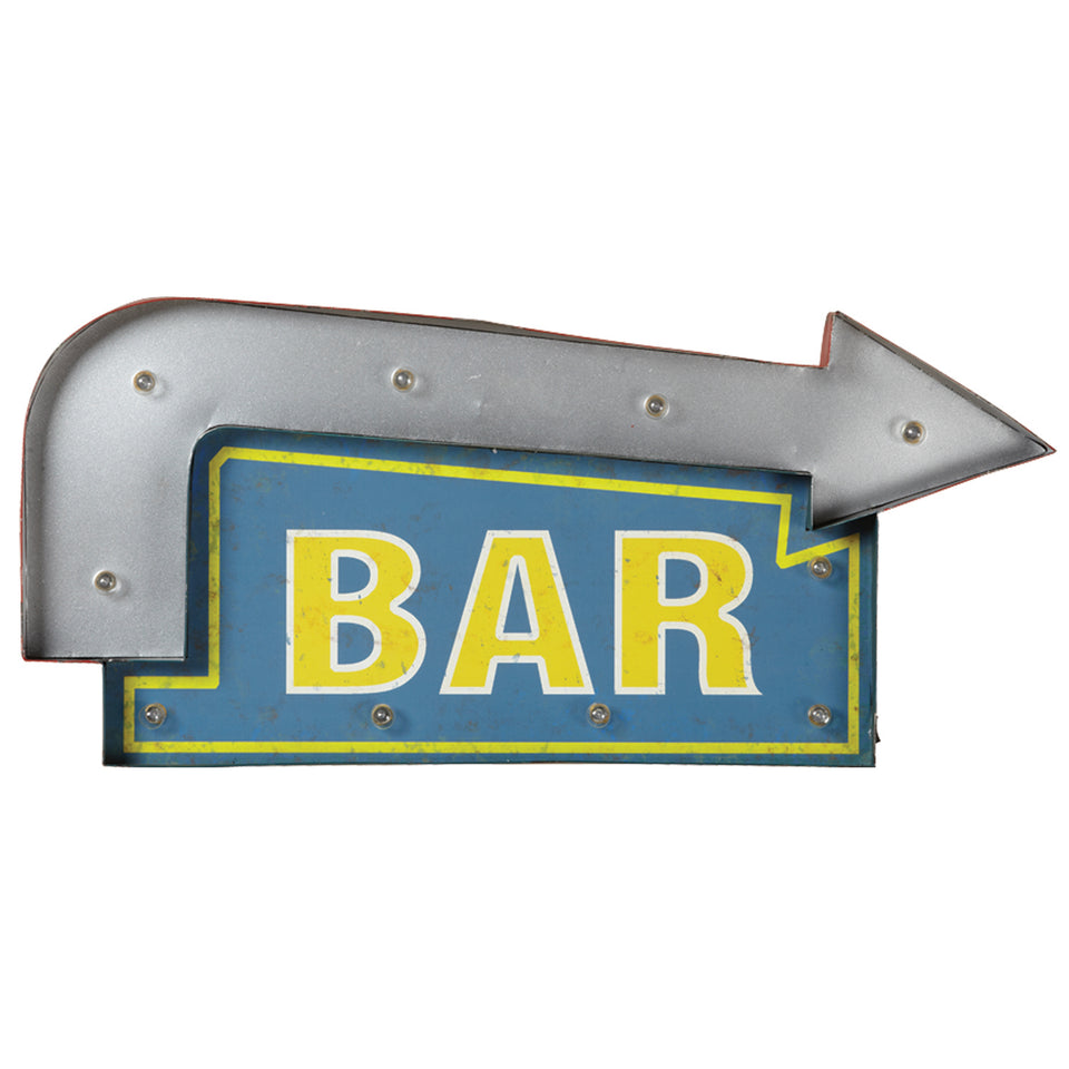 RAM Game Room “Bar” Arrow Metal Wall Art Sign in blue/yellow with a silver arrow right.