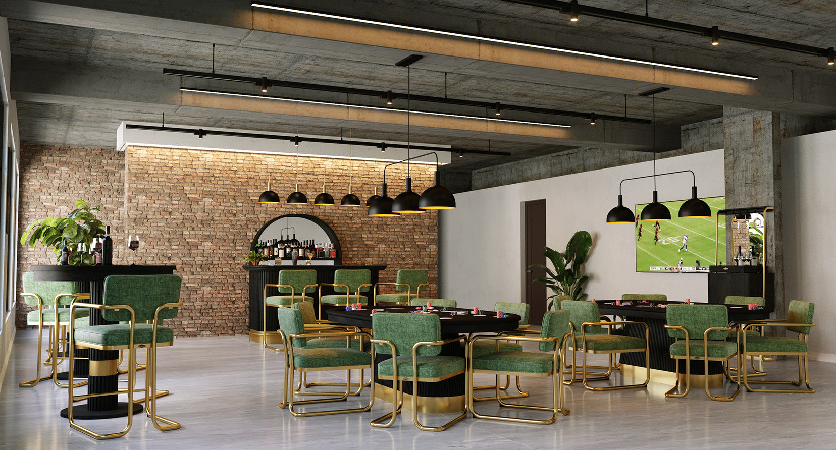 Modern restaurant with green chairs, gold accents, and a black RAM Game Room poker table by the brick wall.