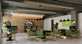 Modern restaurant with green chairs, gold accents, and a black RAM Game Room poker table by the brick wall.
