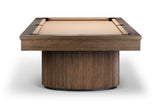 A modern pool table with a fluted cylindrical wooden base and a light tan felt playing surface, shown from a top-down perspective on a white background.