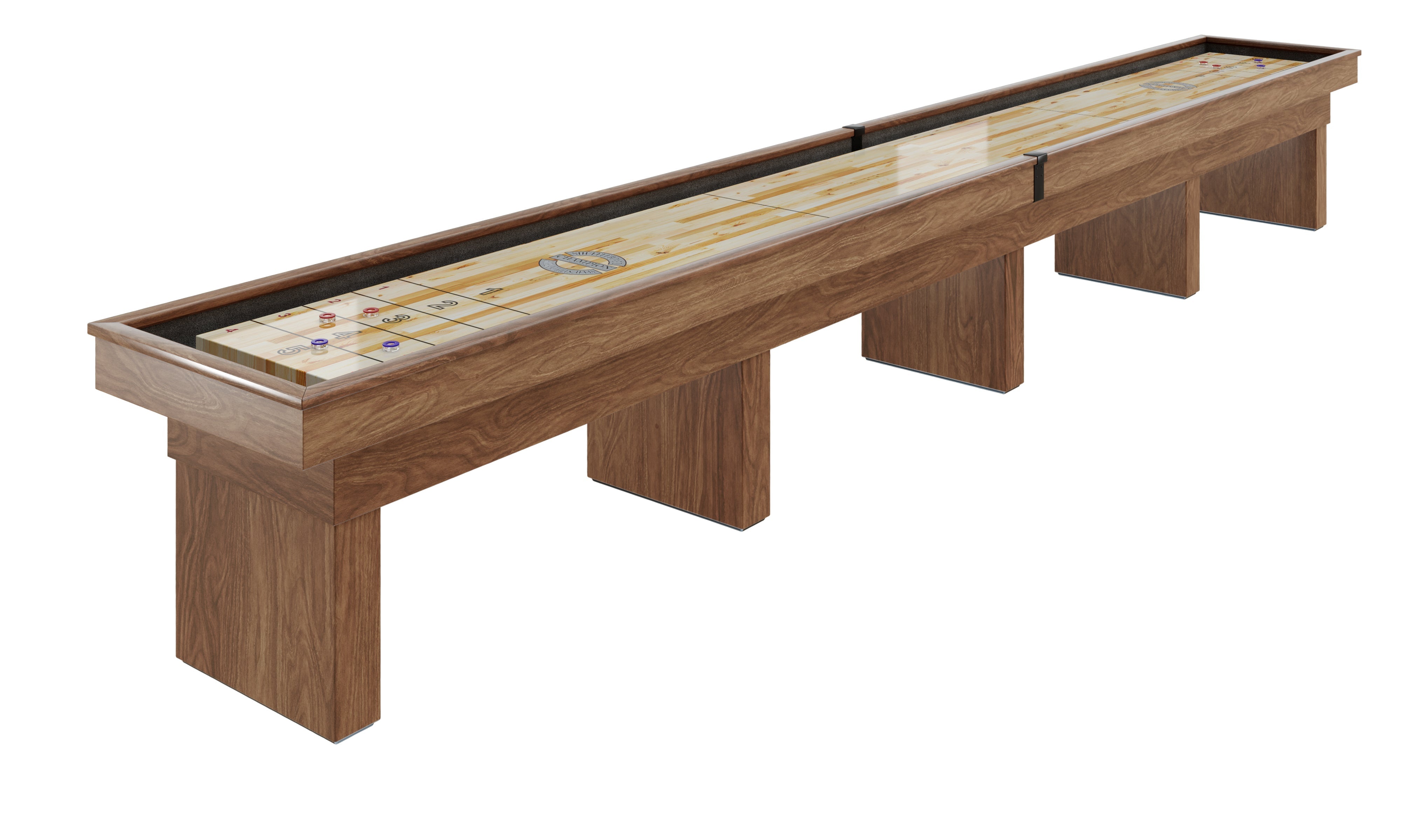 The Champion 18' Ridglea Shuffleboard Table features a Canadian Maple playfield and four legs.