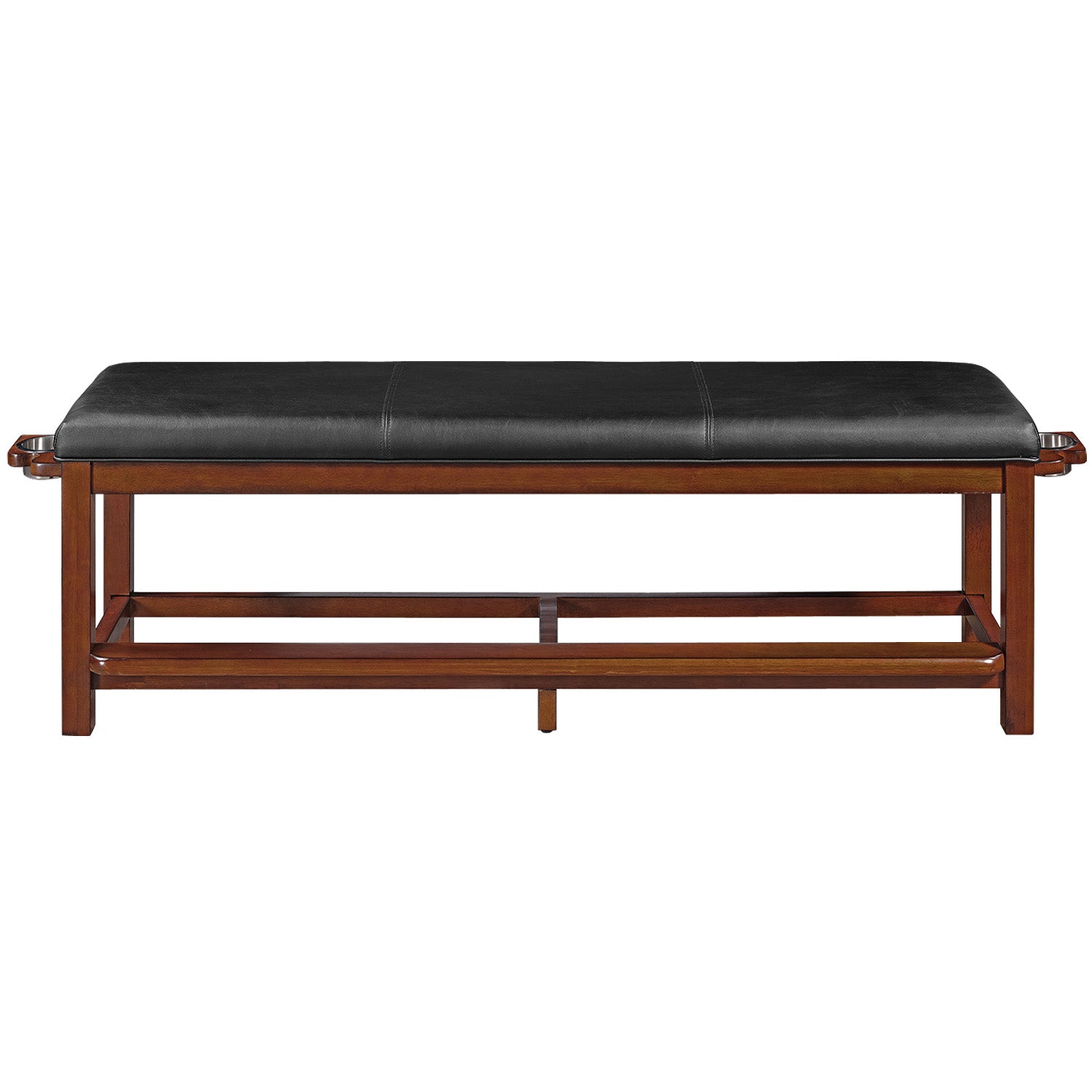 RAM Game Room Spectator Storage Bench in chestnut with black padded seat, front view.
