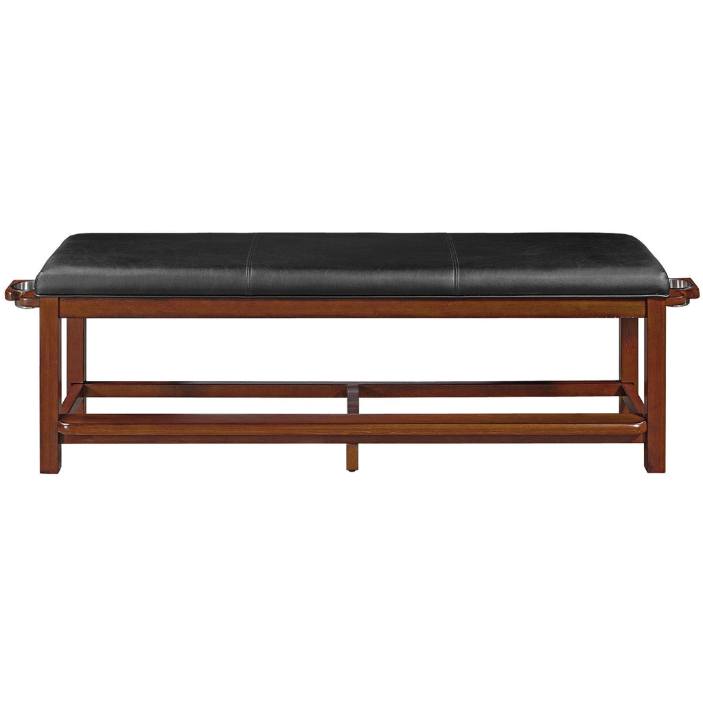 RAM Game Room Spectator Storage Bench in chestnut with black padded seat, front view.