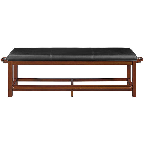 RAM Game Room Spectator Storage Bench in chestnut with black padded seat, front view.