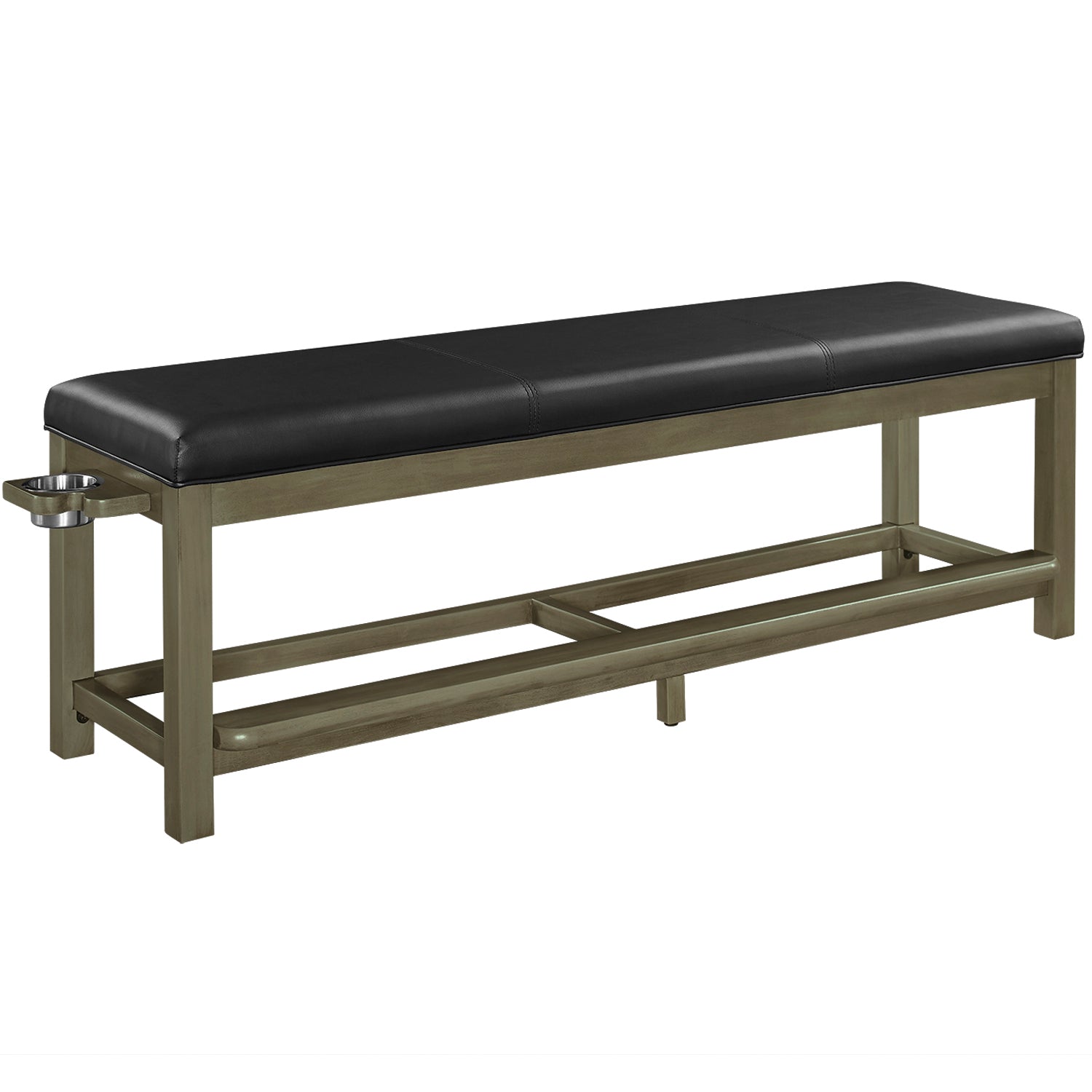 Long black bench with metal frame on a white background
