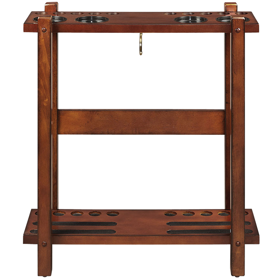 RAM Game Room Straight Floor Cue Rack in chestnut with circular cutouts and a hook.