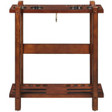 RAM Game Room Straight Floor Cue Rack in chestnut with circular cutouts and a hook.