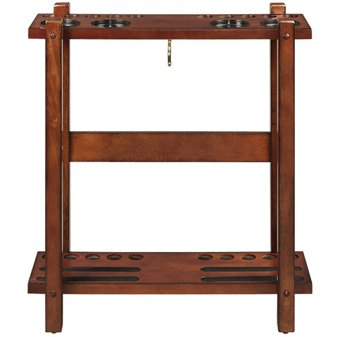 RAM Game Room Straight Floor Cue Rack in chestnut with circular cutouts and a hook.
