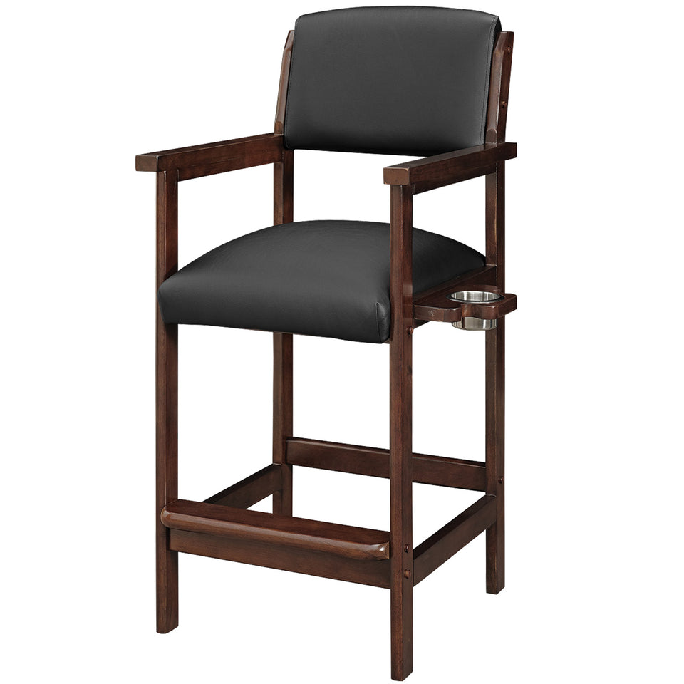 RAM Game Room Spectator Chair—cappuccino, black padded seat, drink holder included.