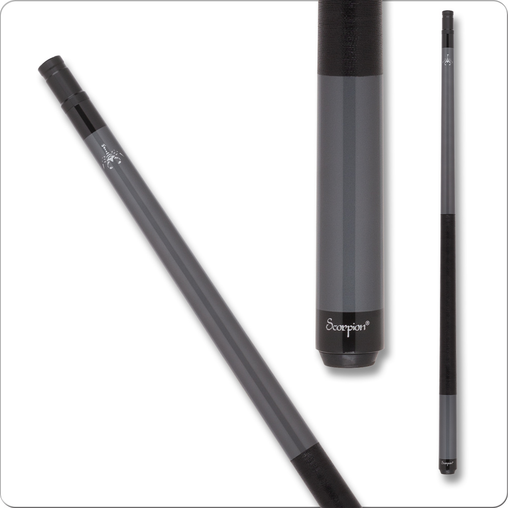 Scorpion gunmetal grey pool cue with silver Scorpion logo, black Irish linen wrap, and black butt plate.
