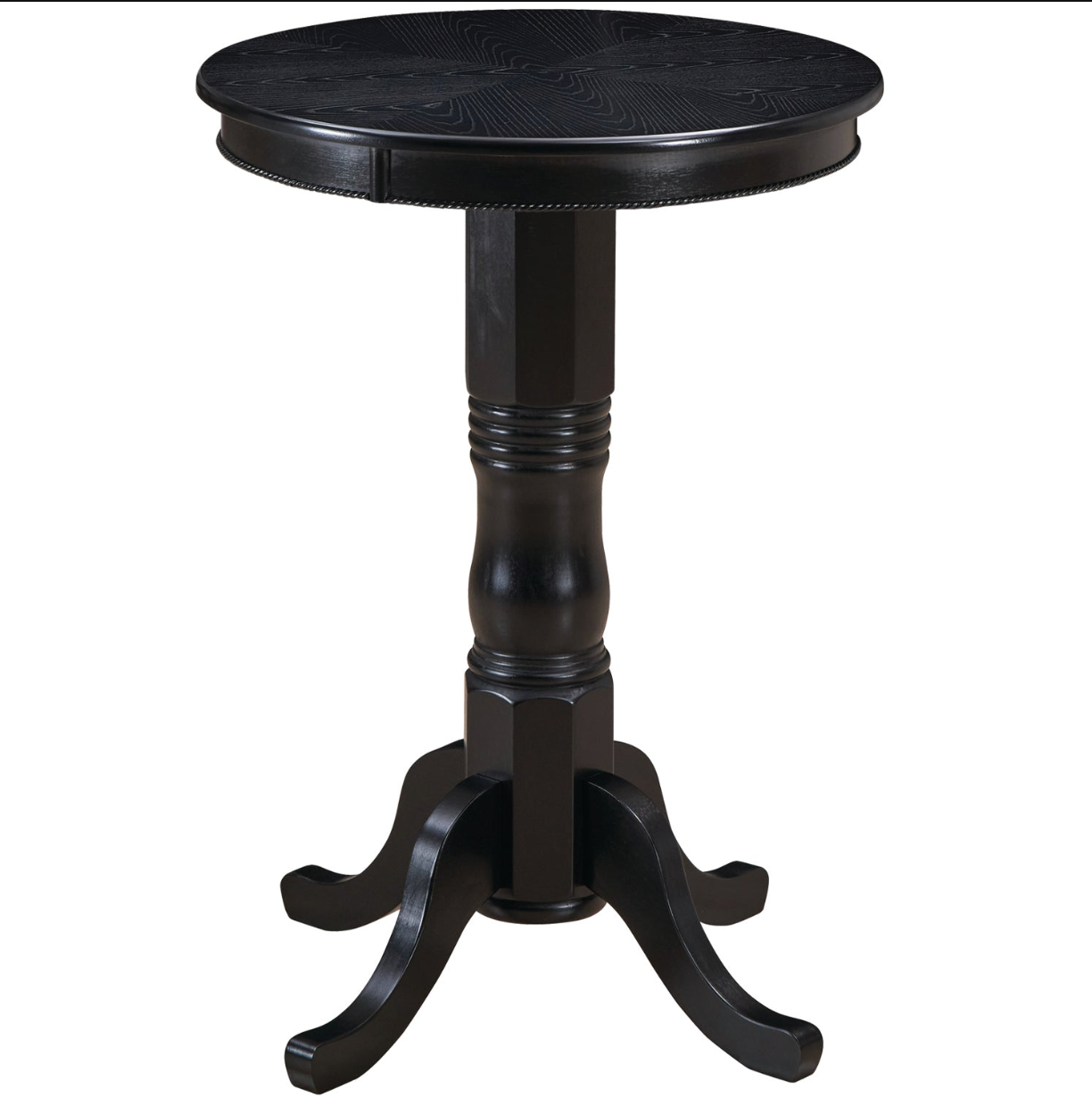 RAM Game Room Pub Table - Black: Solid wood, round top with carved four-legged base.