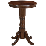RAM Game Room Pub Table - Cappuccino: round solid wood, pedestal base with four curved legs.