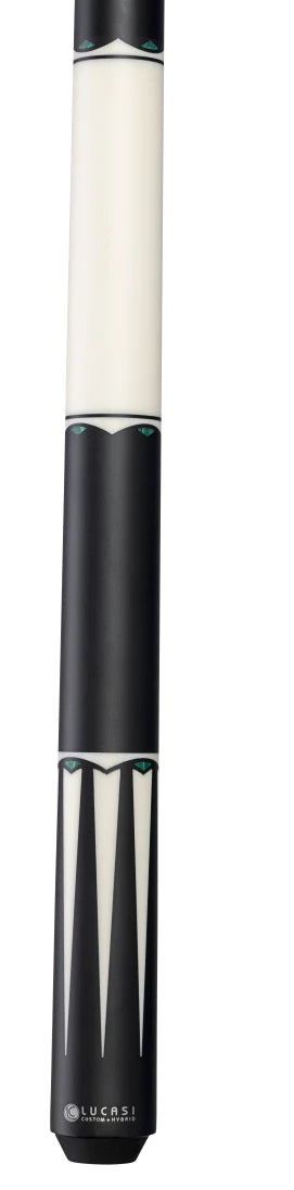 Lucasi LUX67 Matte Black cue with geometric inlay, Kamui Pro tip, and logo near base.