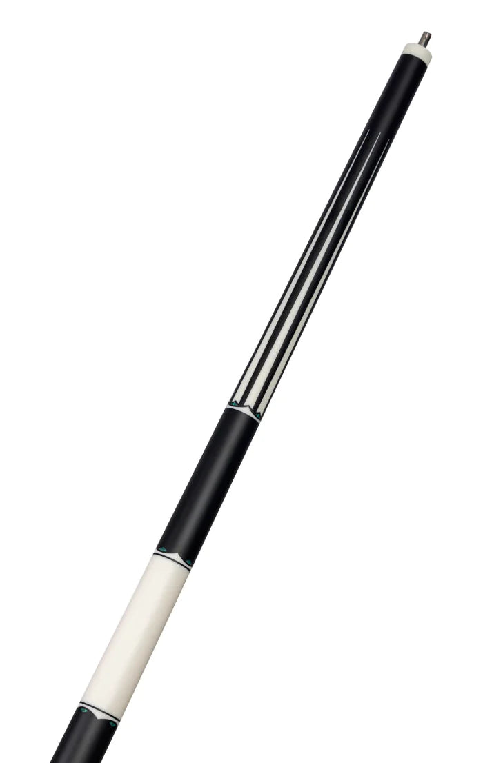 Lucasi Limited Edition LUX67 cue in matte black with stripes and Kamui Pro tip on white background.