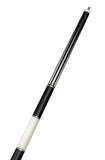 Lucasi Limited Edition LUX67 cue in matte black with stripes and Kamui Pro tip on white background.