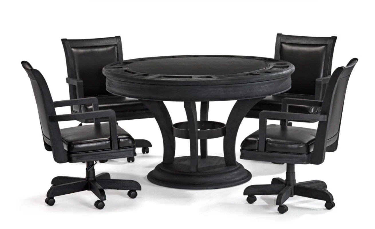 Brunswick Billiards Centennial Game Table in Black Wire Brush: round with cup holders, swivel chairs.