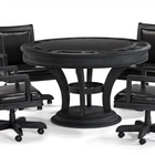 Brunswick Billiards Centennial Game Table in Black Wire Brush: round with cup holders, swivel chairs.