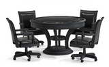 Brunswick Billiards Centennial Game Table in Black Wire Brush: round with cup holders, swivel chairs.