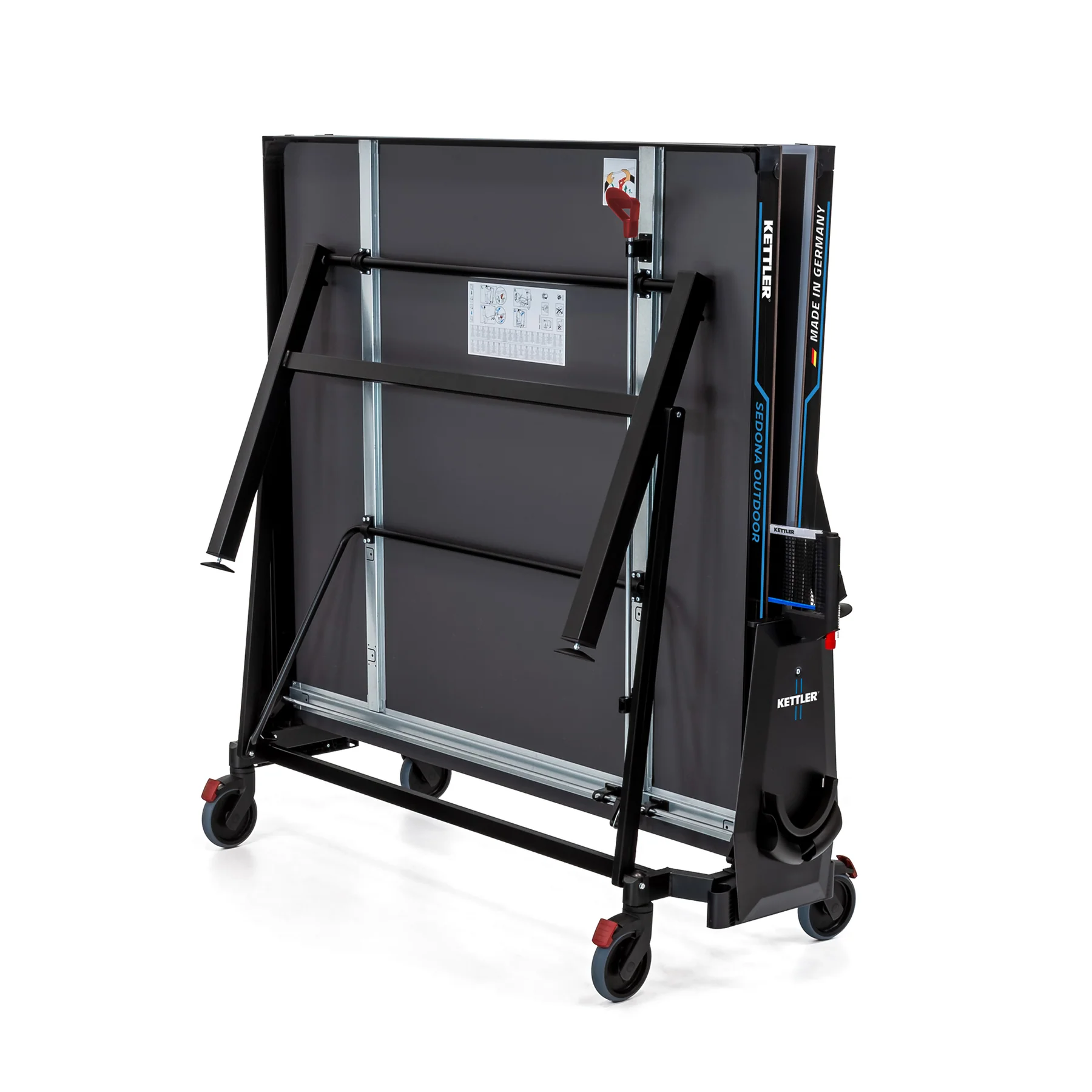 Kettler Sedona Outdoor Table Tennis Table folded, showing back wheels and metal frame.