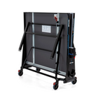 Kettler Sedona Outdoor Table Tennis Table folded, showing back wheels and metal frame.