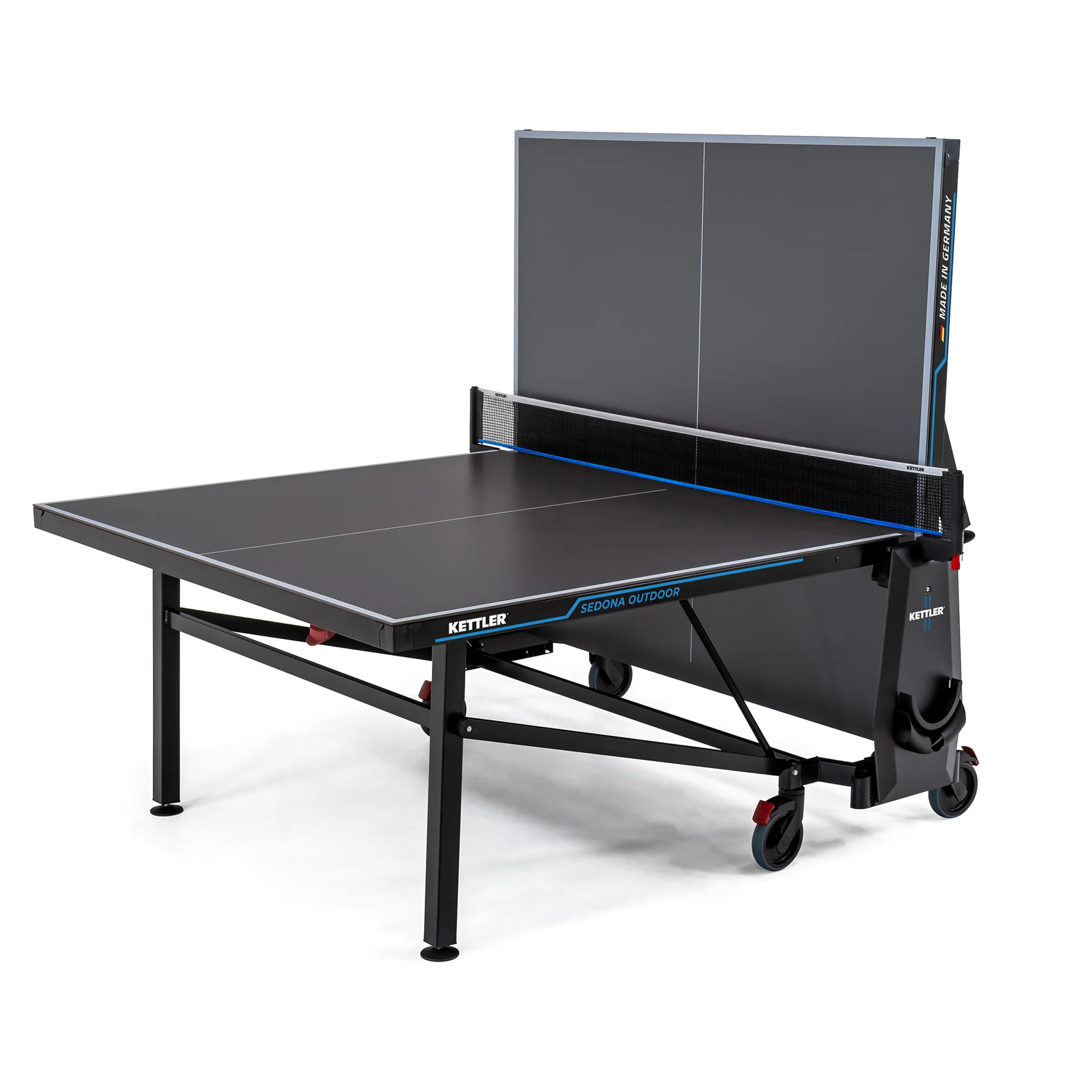 Kettler Sedona Outdoor Table Tennis Table folds upright and has wheels for easy mobility.