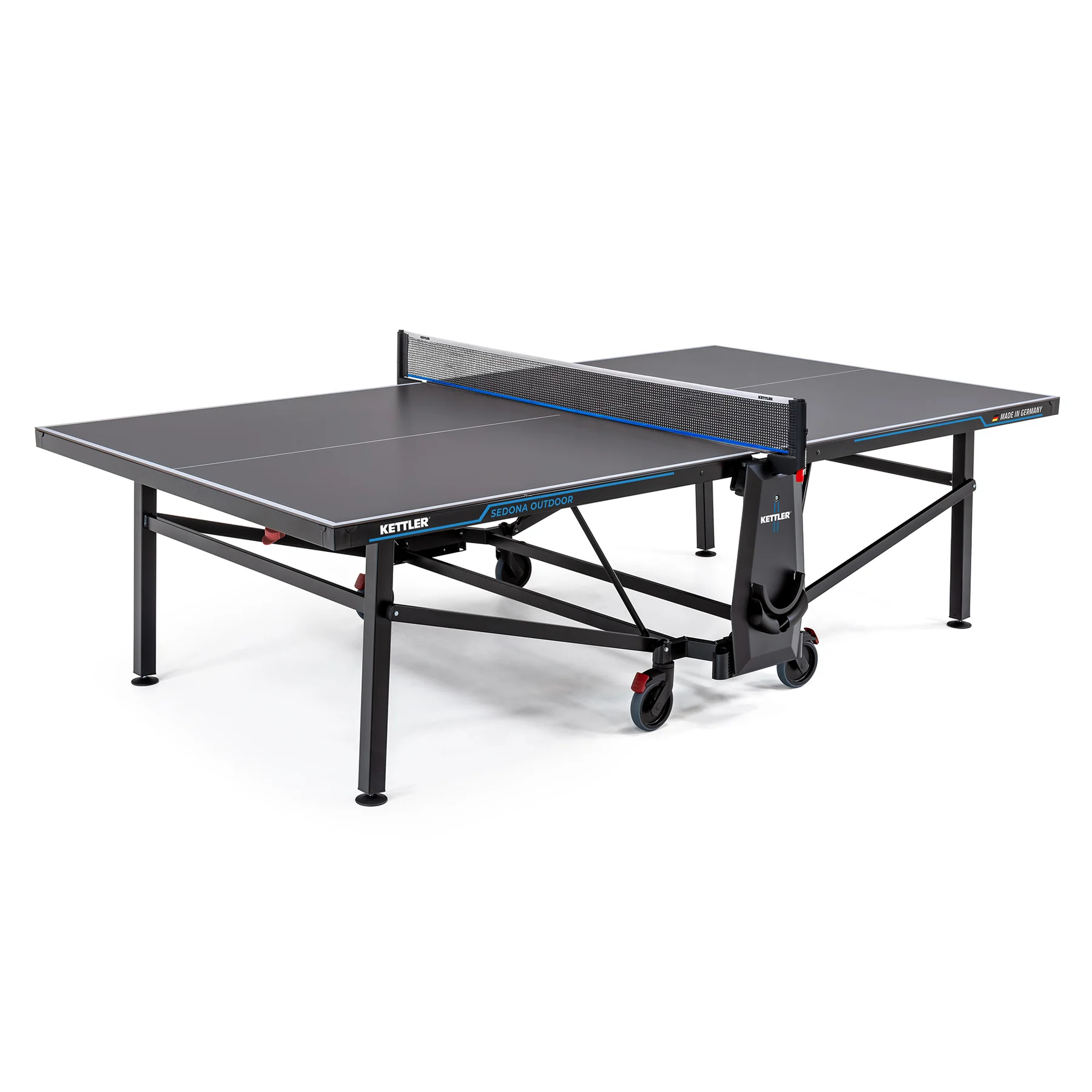 Kettler Sedona Outdoor Table Tennis Table with net, foldable legs, and wheels for mobility.