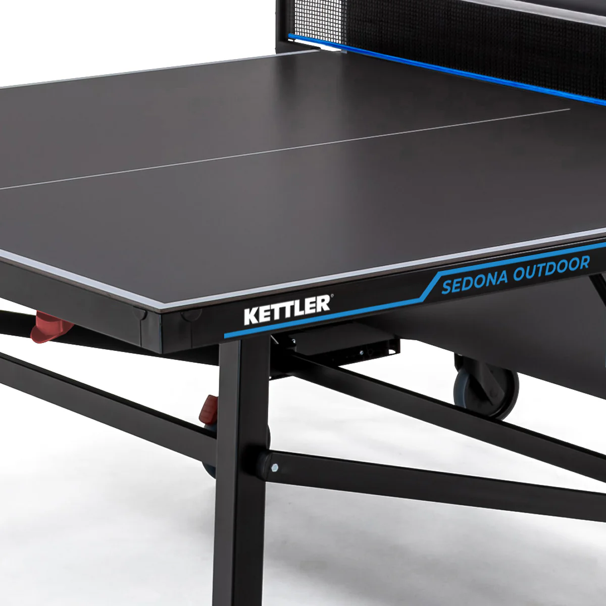 Close-up of the Kettler Sedona Outdoor Table Tennis Table with blue accents.
