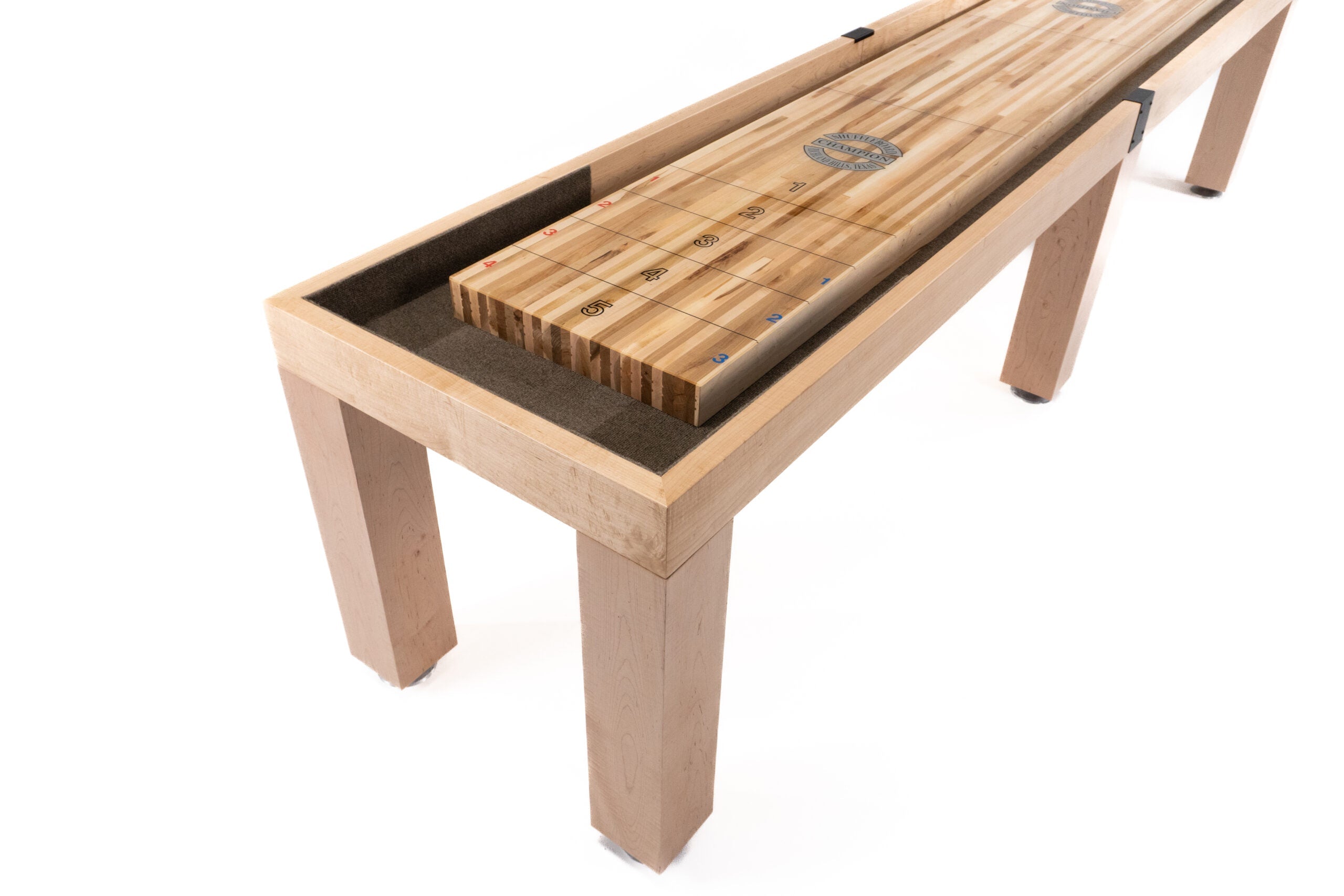 Champion 14' Richland Shuffleboard Table features solid wood and a smooth, clearly marked surface.