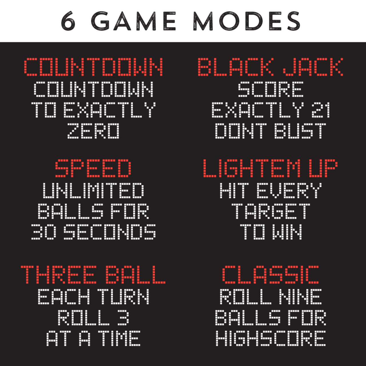 List of game modes on a black background with red and white text.