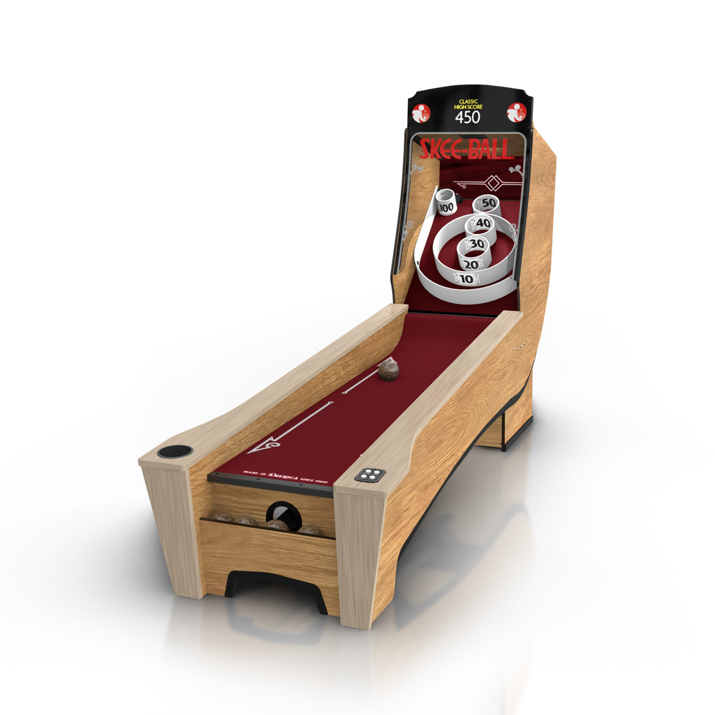 Wooden skee-ball machine with digital scoreboard on a white background