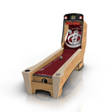 Wooden skee-ball machine with digital scoreboard on a white background
