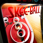 Close-up of a skee-ball game with red and yellow colors.