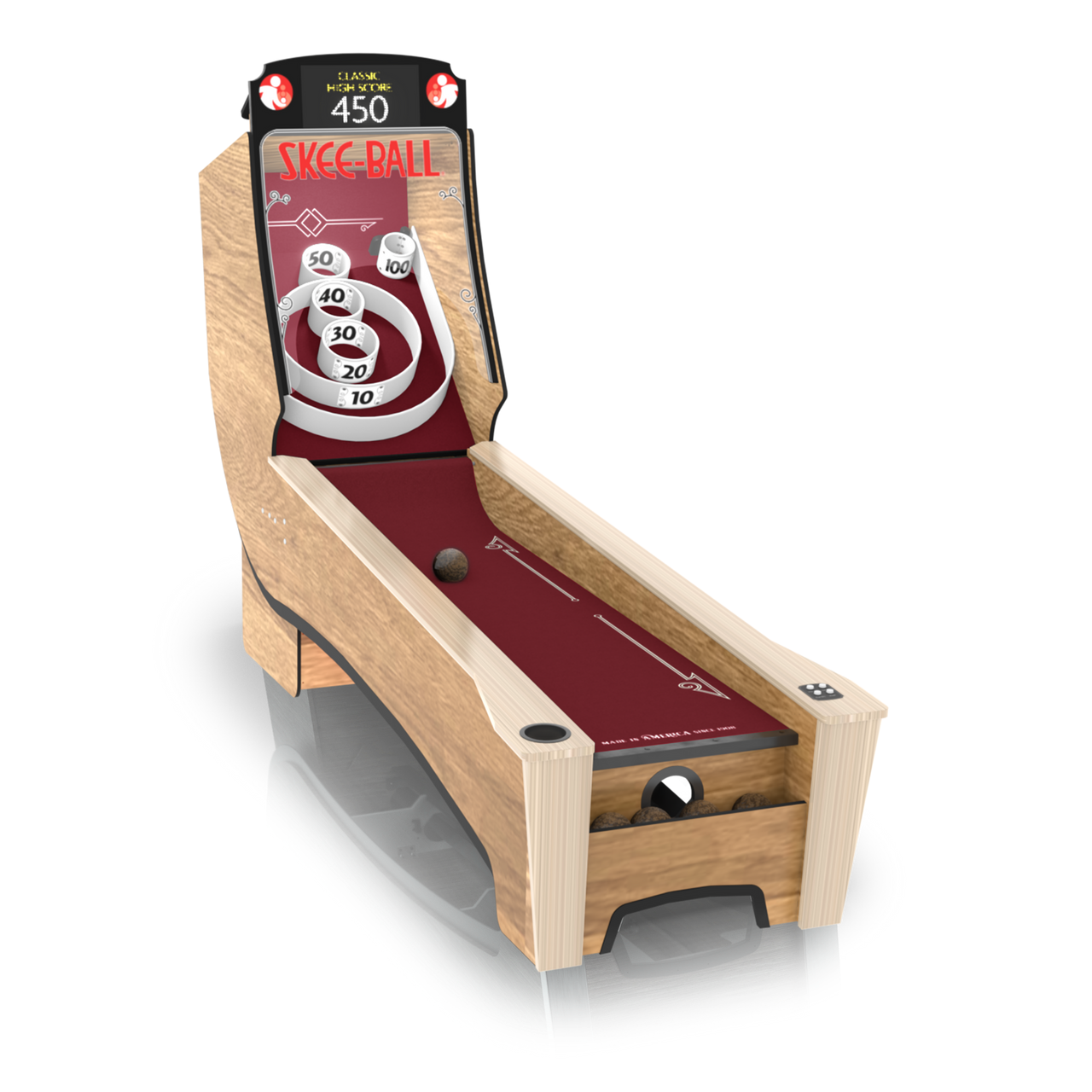 Wooden skeeball machine with maroon playing surface and digital display on a white background