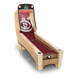 Wooden skeeball machine with maroon playing surface and digital display on a white background