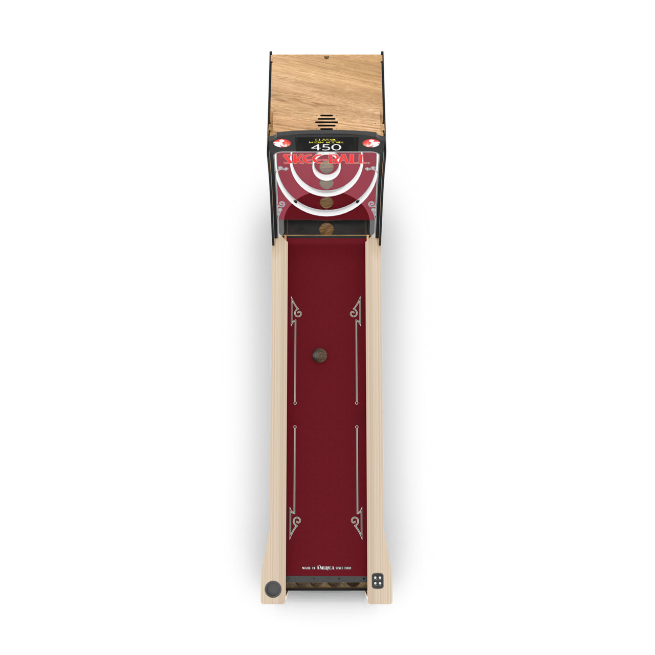 Skee-ball machine with wooden frame and red center on a white background
