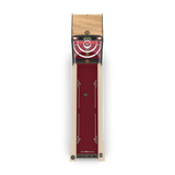 Skee-ball machine with wooden frame and red center on a white background