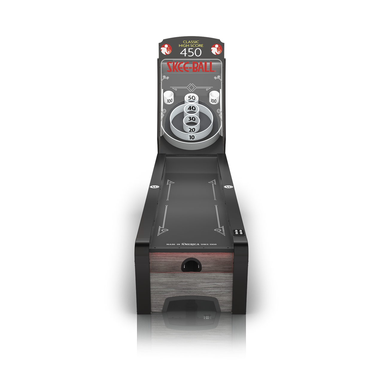 Pinball machine with control panel on a white background