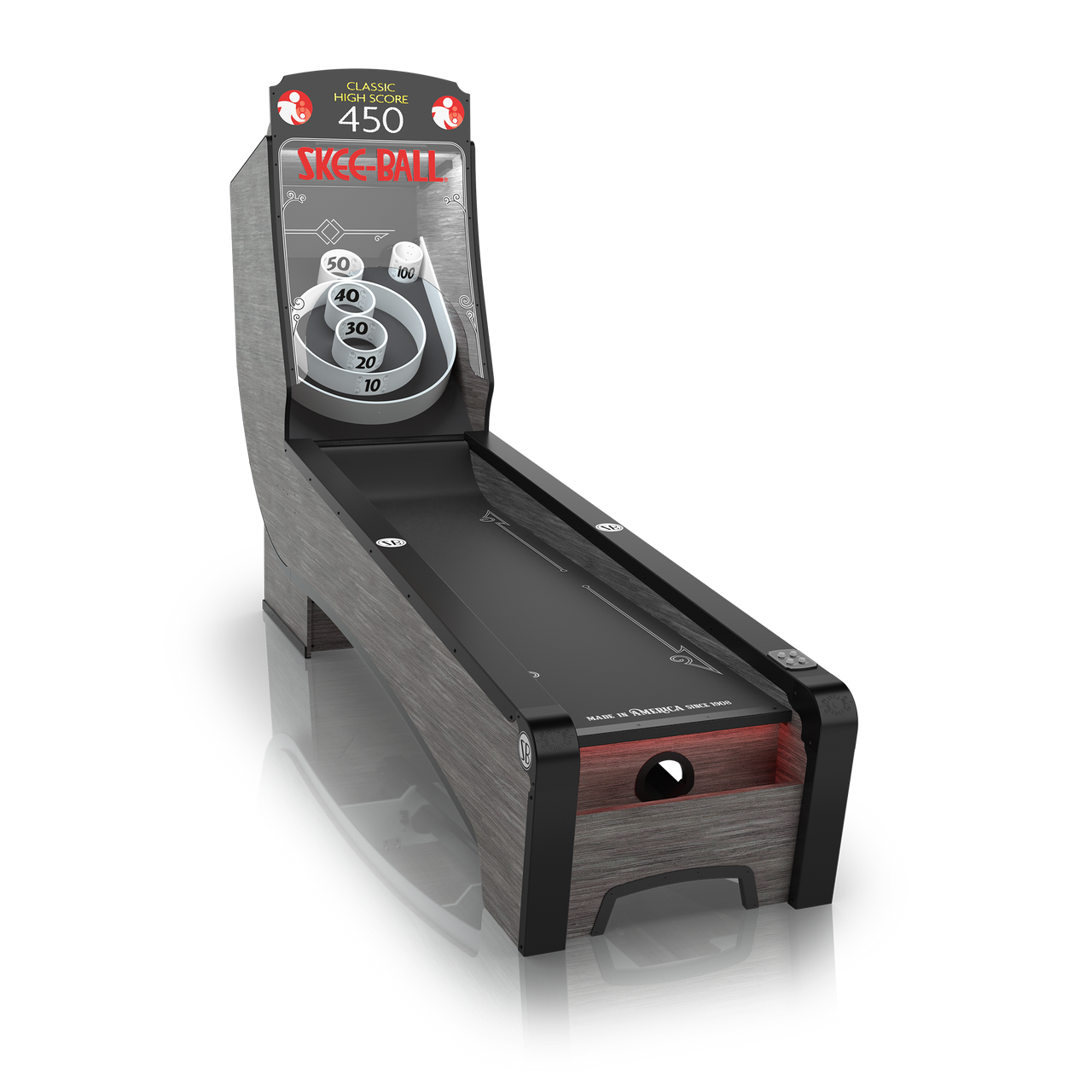 Skee-Ball machine with digital display on a white background