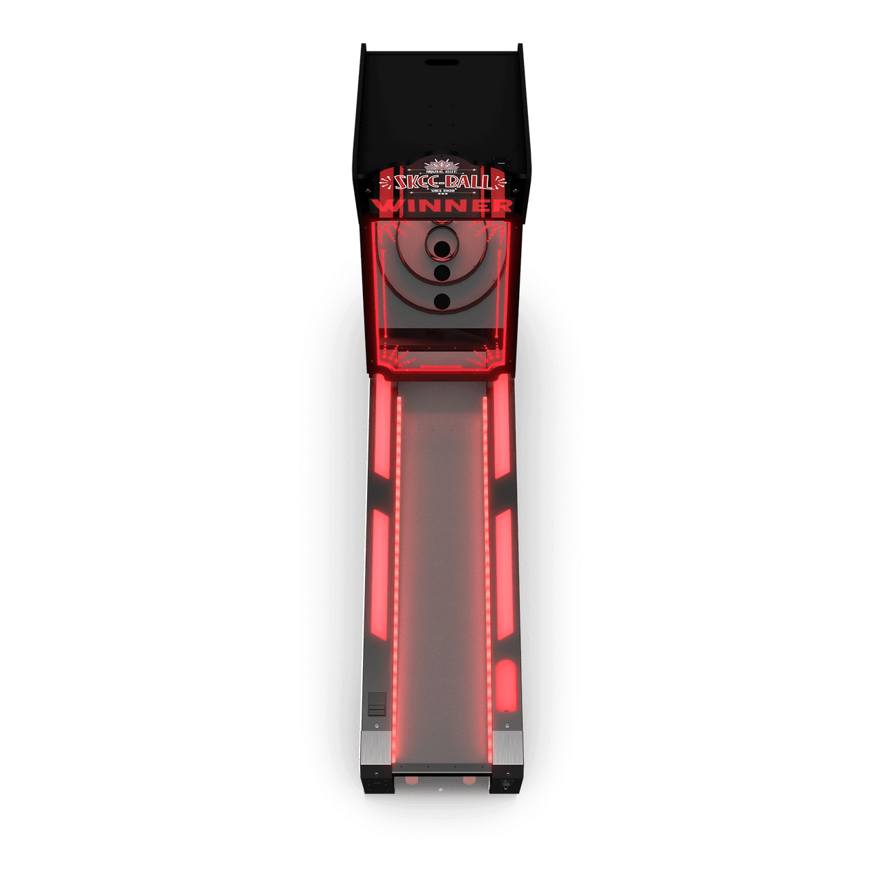Overhead view of the Bay Tek Skee-Ball Home Arcade Glow lit with vibrant red lights.