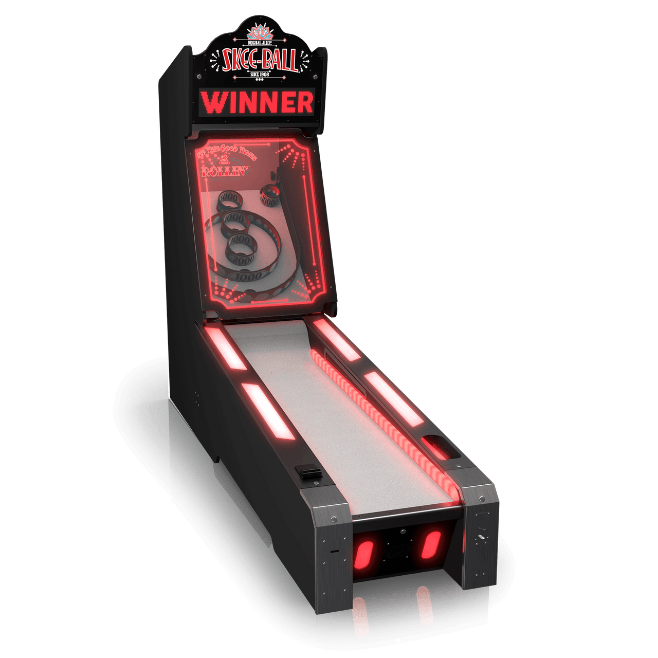 Bay Tek Skee-Ball Home Arcade Glow machine with red lights and WINNER sign on top.