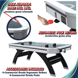Air hockey table with features highlighted on a white background