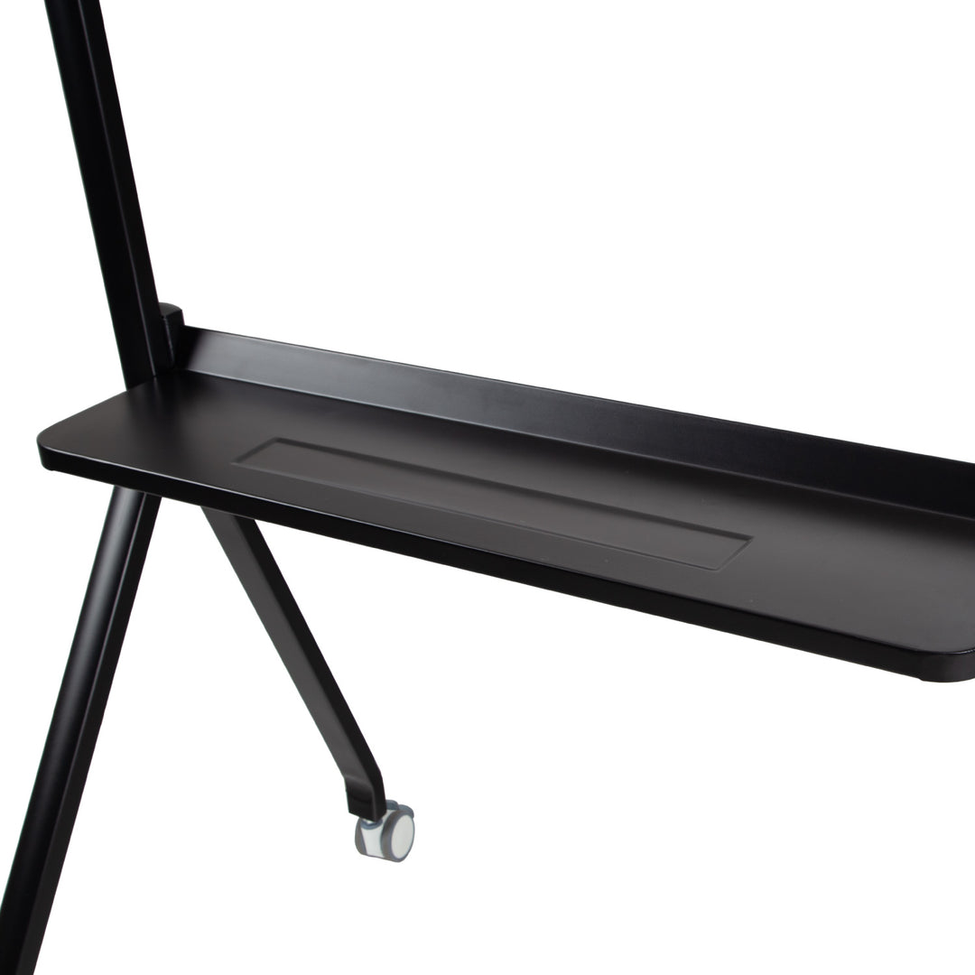 Black metal shelf with wheels on a white background