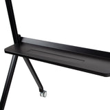Black metal shelf with wheels on a white background