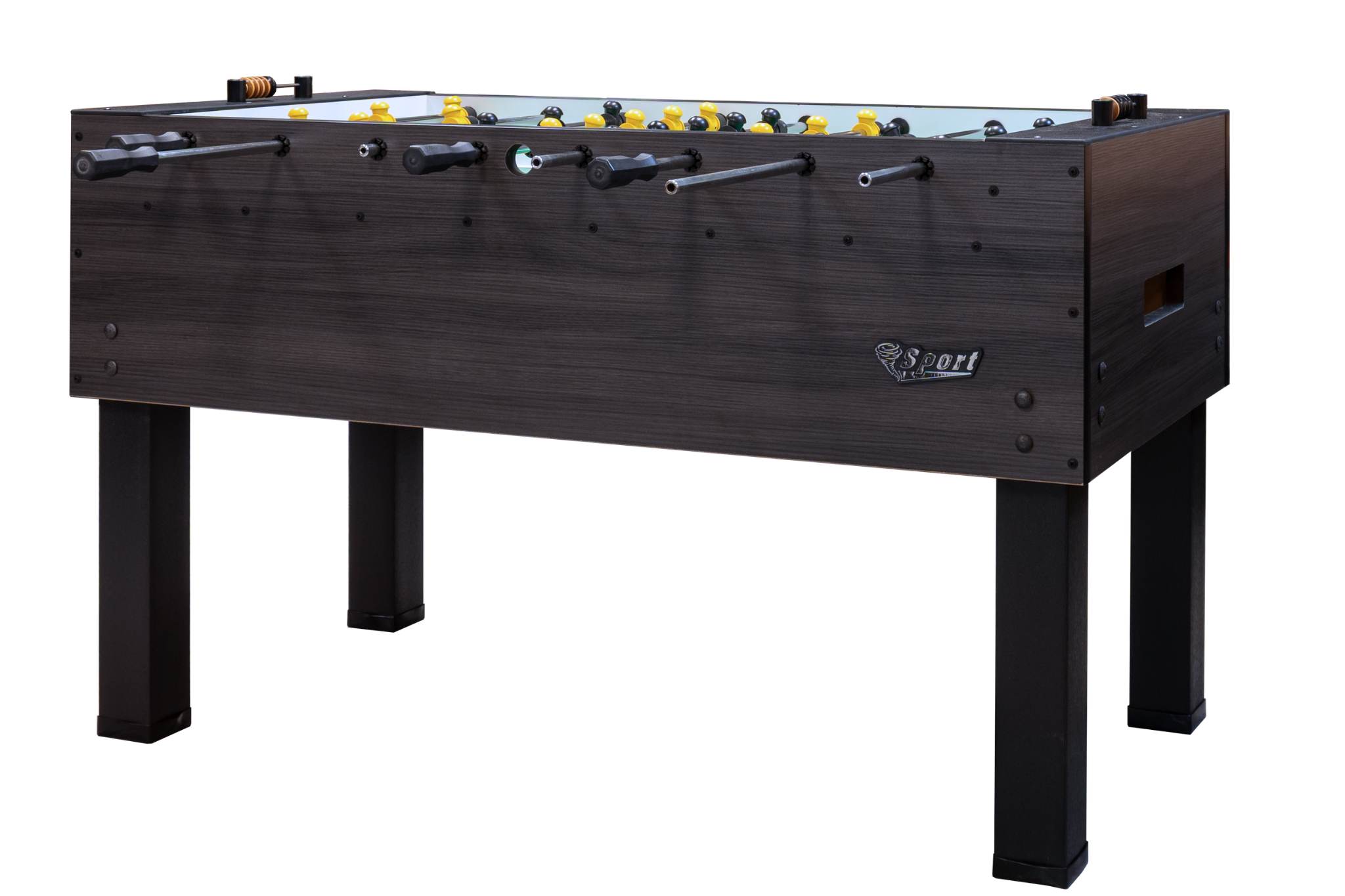 Tornado Sport II Foosball Table in Weathered Walnut with black legs and yellow, black figures.