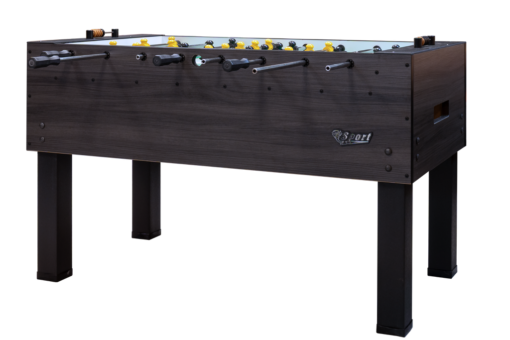 Tornado Sport II Foosball Table in Weathered Walnut with black legs and yellow, black figures.